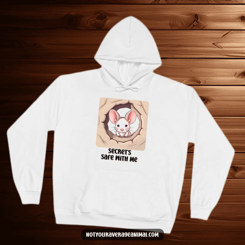 Funny hoodie featuring a small mouse with very large ears peeking out from a hole, a comfortable and amusing apparel choice.