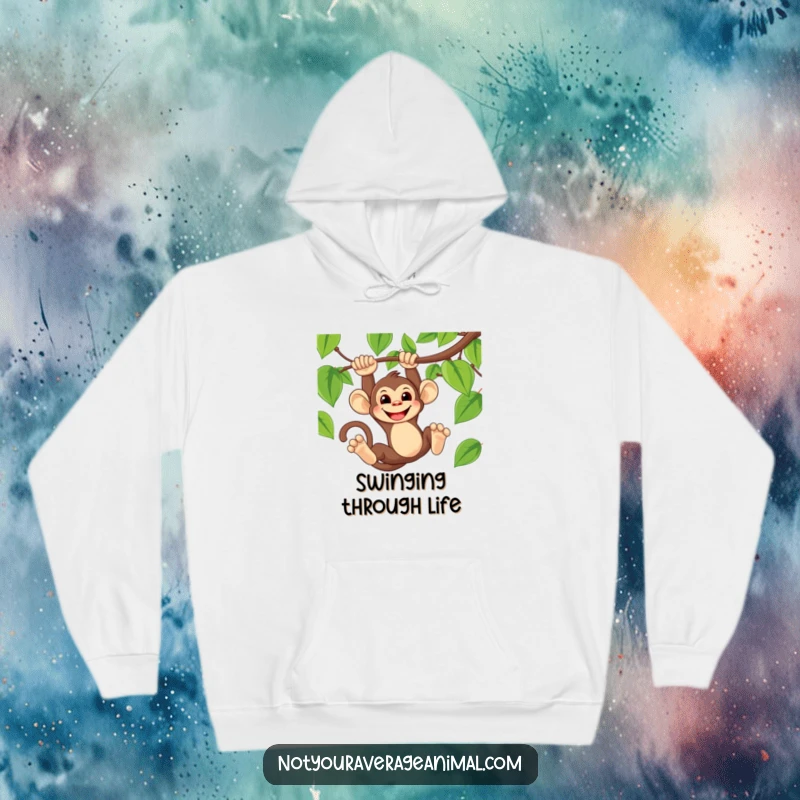 Funny hoodie featuring a cheeky monkey grinning while swinging from a vine, embodying jungle fun.