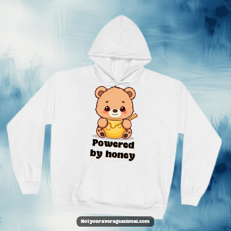 Funny Hoodie showcasing a cute, fuzzy bear cub with a sweet smile, hilariously hugging a honey pot, offering warmth and cuddles.