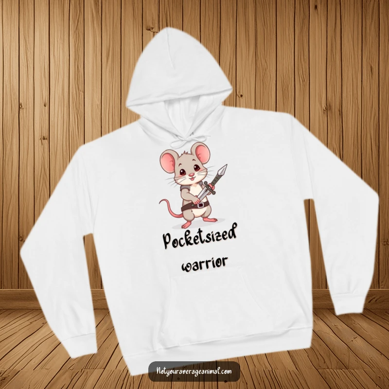 Funny Mouse Hoodie: A brave little mouse stands tall, holding a minuscule sword, perfect for cozying up with a heroic story.