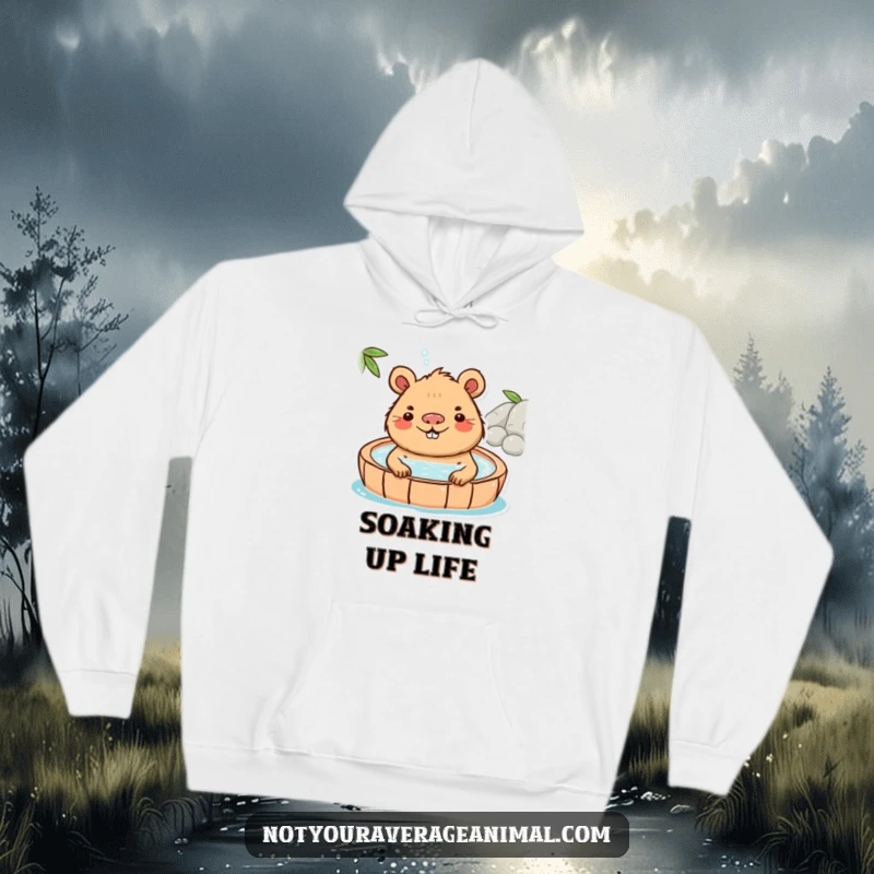 Funny Capybara Hoodie featuring a playful capybara character enjoying a steamy hot spring with a peaceful smile.