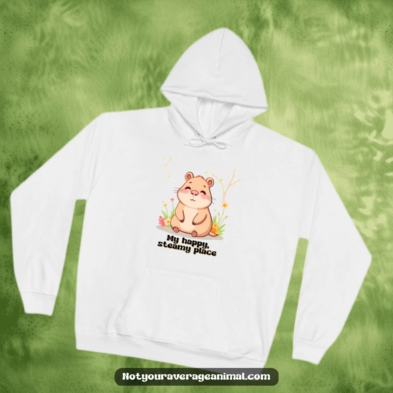 Funny capybara hoodie showcasing a happy character relaxing in a hot spring, offering warmth and a sense of peace.