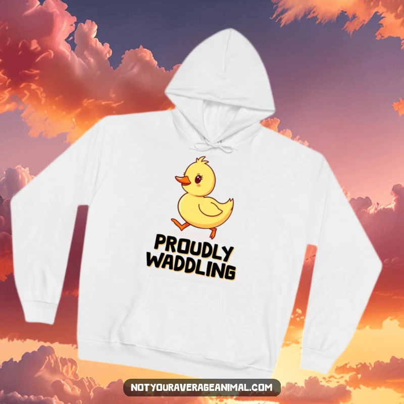 Funny Duckling Hoodie featuring a yellow duckling waddling with determined, happy steps, providing warmth and a dose of cheerful motivation.