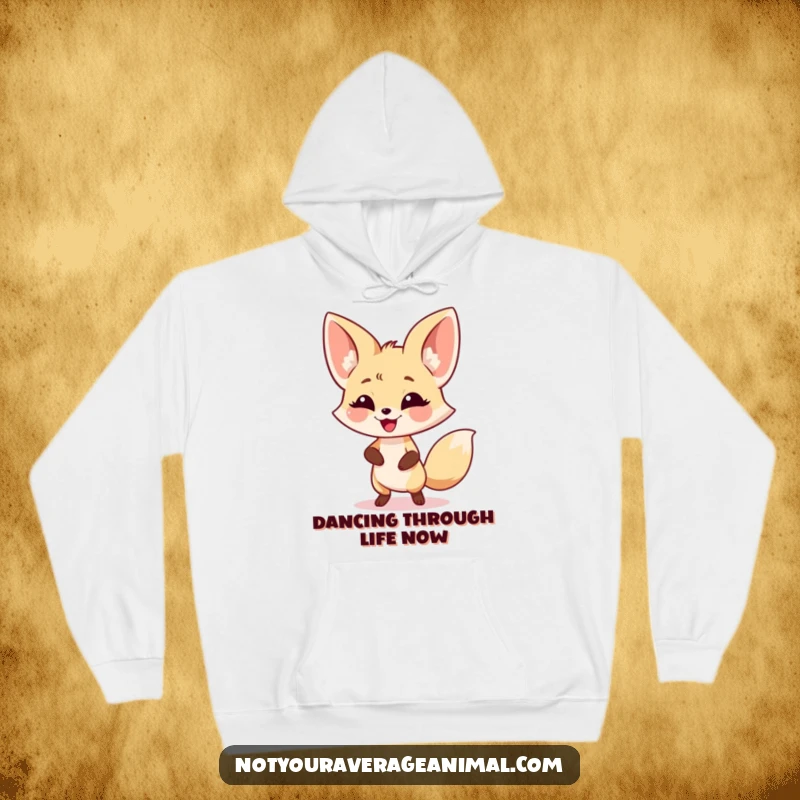 Funny fennec fox hoodie with a smiling, dancing character and large ears, designed for comfort and celebrating fun.