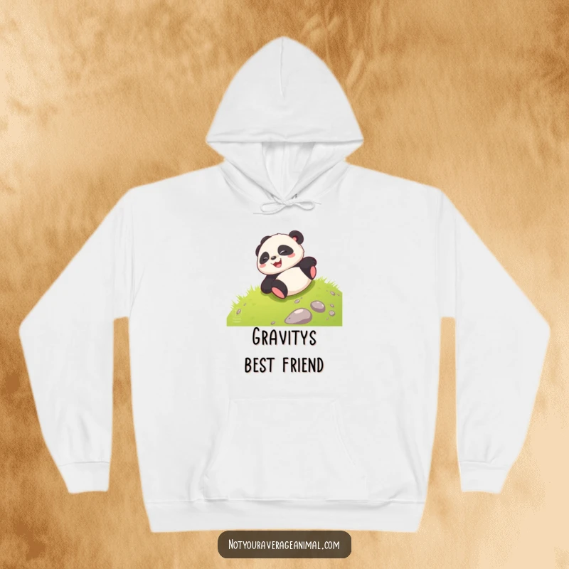 Funny giggling panda cub joyfully rolling down a grassy hill, featured on a cozy and fun hoodie.
