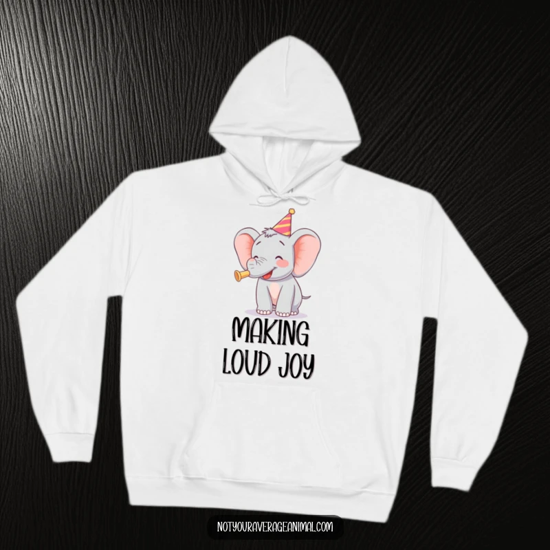 Funny hoodie featuring a happy elephant blowing a colorful party horn, exuding warmth and festive spirit.