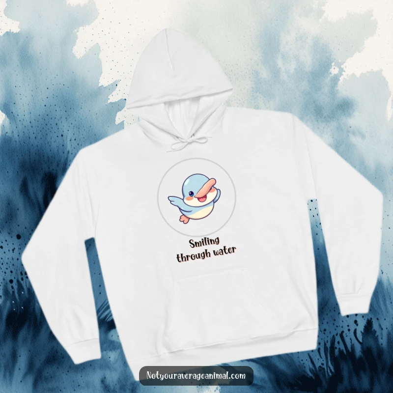 Funny hoodie featuring a happy platypus character swimming contentedly with a big, beaming smile.