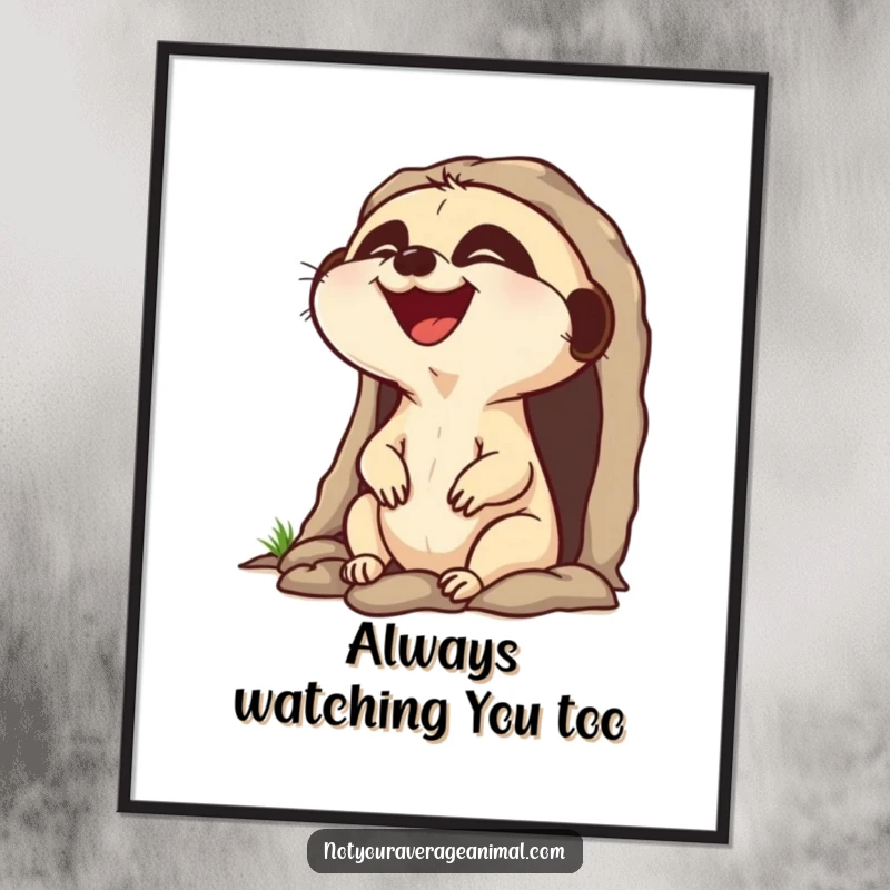 Funny Free Printable Wall Art of a laughing meerkat character popping its head out of a burrow, bringing cheer.