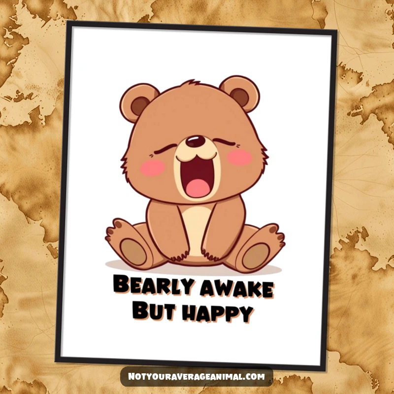 Funny Free Printable Wall Art of a sleepy brown bear cub stretching widely with a comical yawn, perfect for a cozy room.