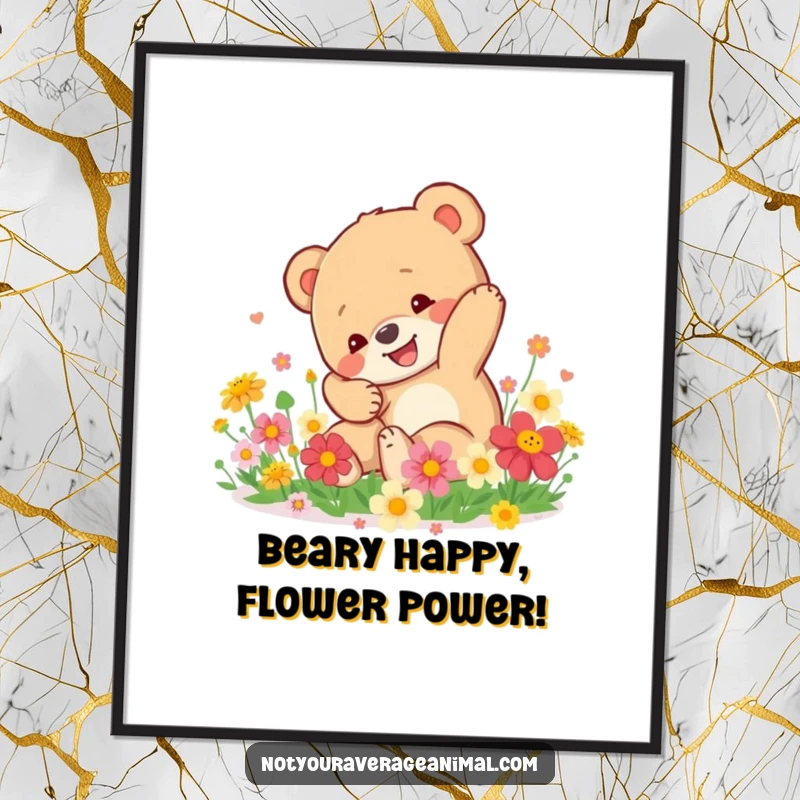 Funny free printable wall art of a happy bear cub tumbling head over heels in a patch of bright flowers, full of life.