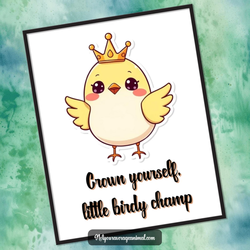Funny Free Printable Wall Art: A cheerful bird adorned with a tiny, sparkling crown, exuding happiness. Downloadable art.