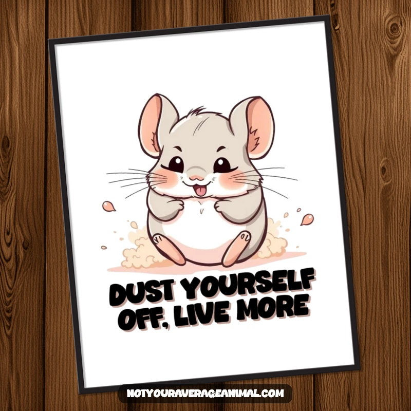 Funny free printable wall art of a cheerful chinchilla joyfully rolling and kicking up a cloud of dust.