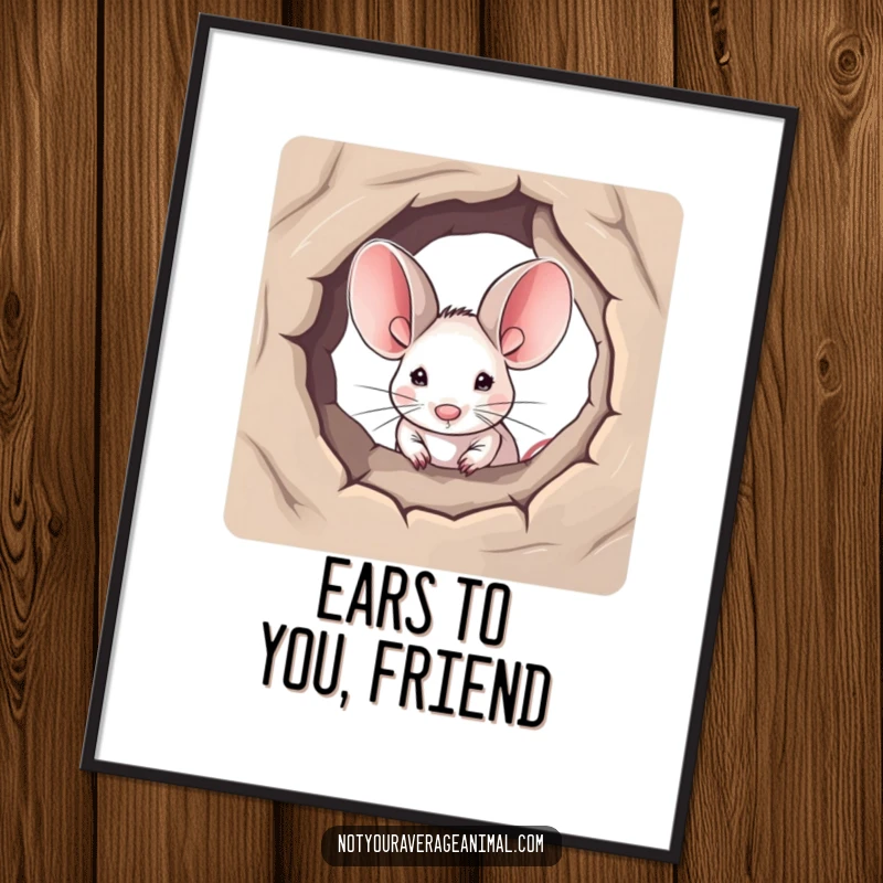Funny Free Printable Wall Art: A tiny mouse with comically large ears peeking curiously from a hole, adding charm.