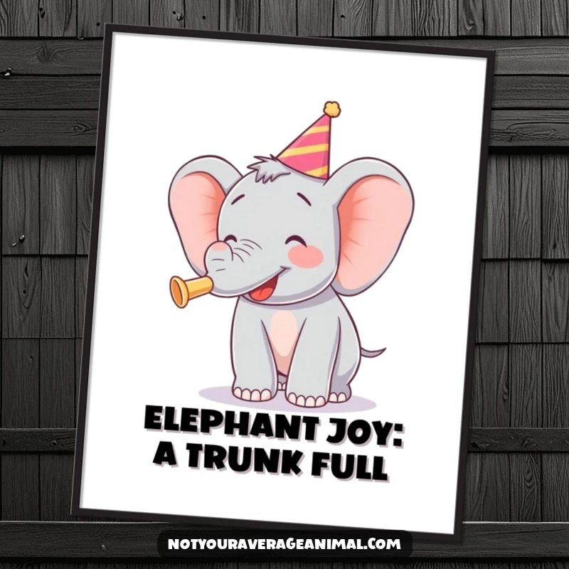 Funny Free Printable Wall Art of a happy elephant energetically blowing a party horn with pure joy.