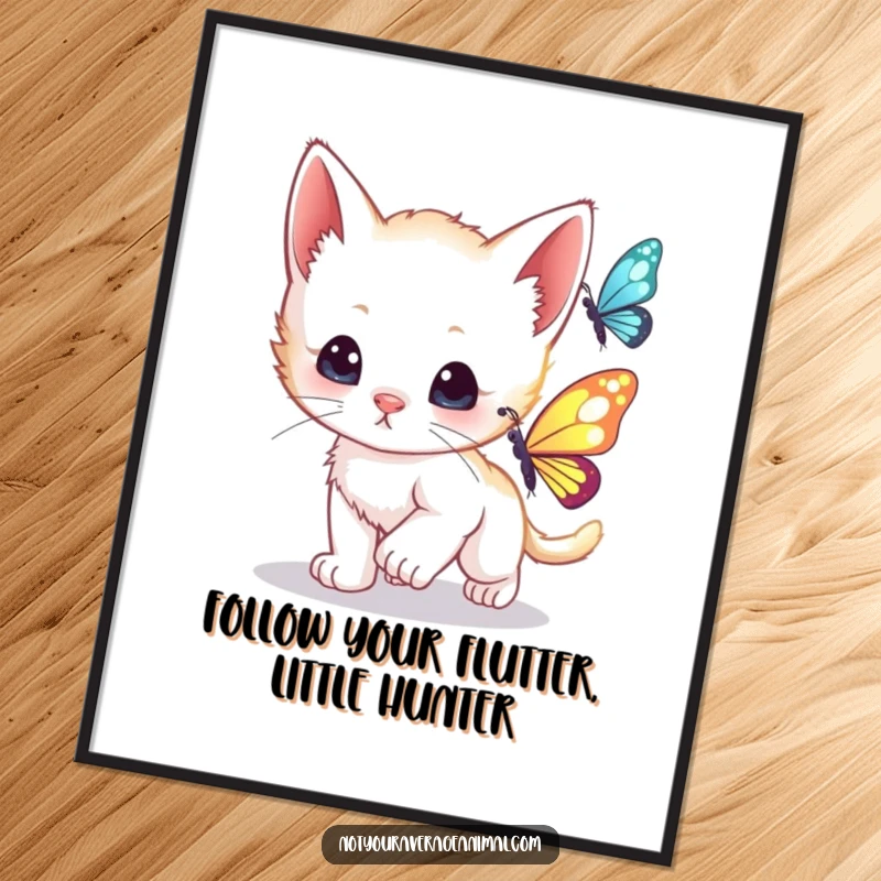 Funny Free Printable Wall Art: A curious kitten mid-pounce, eyes wide, chasing an elusive shimmering butterfly. Downloadable art.