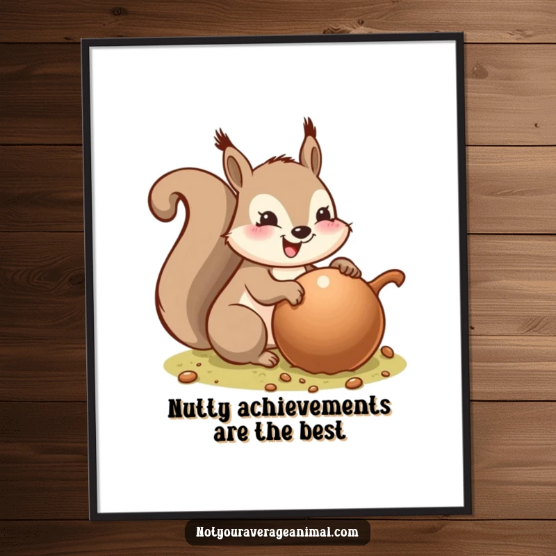 Funny Free Printable Wall Art of a happy squirrel with a big smile burying a giant acorn, perfect for quirky decor.