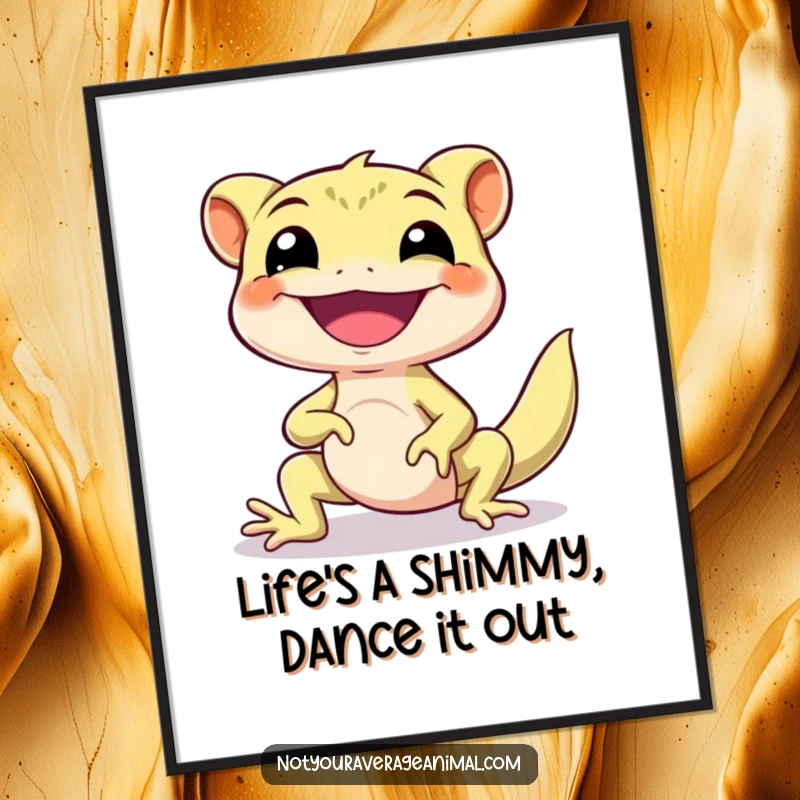 Funny Free Printable Gecko Wall Art: A smiling gecko doing a happy little shimmy, ready to liven up any room. Downloadable art.