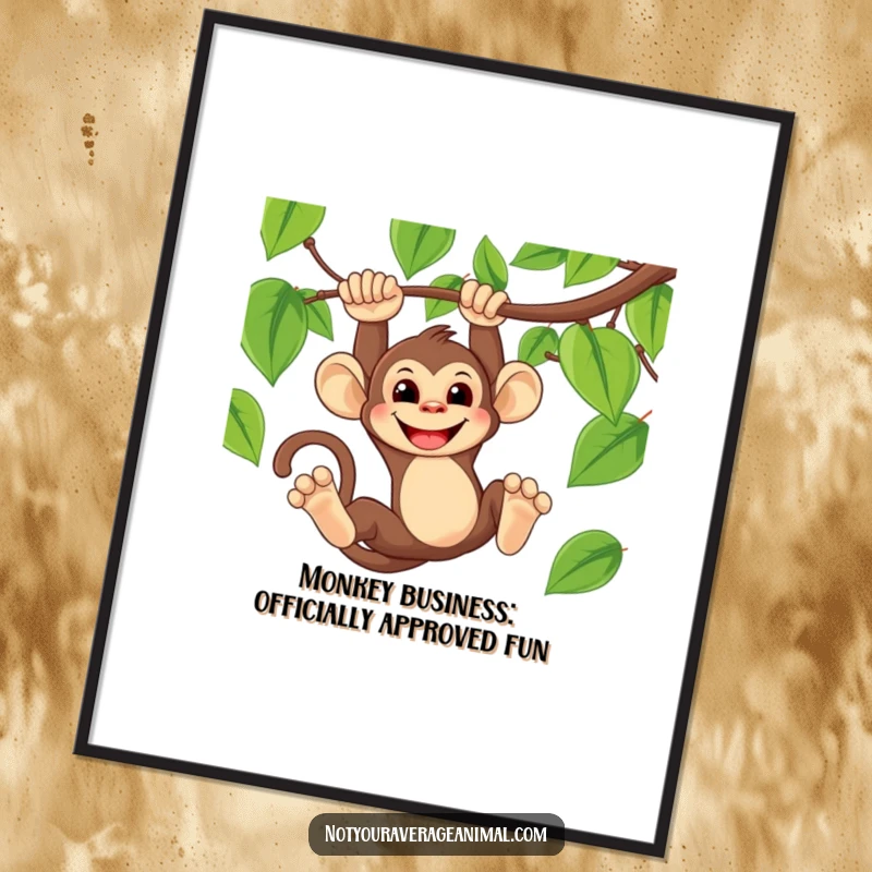 Funny Free Printable Wall Art depicting a mischievous monkey with a wide grin, swinging from a thick jungle vine.