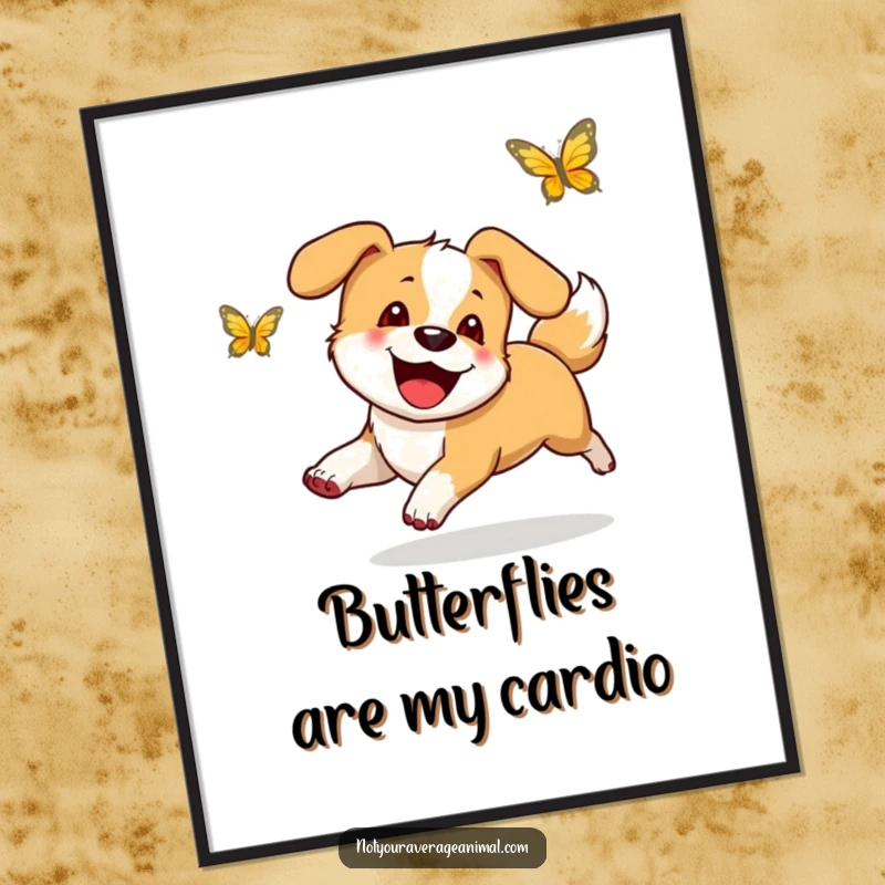 Funny Free Printable Wall Art: A gleeful dog with a wildly wagging tail exuberantly chases a colorful butterfly.