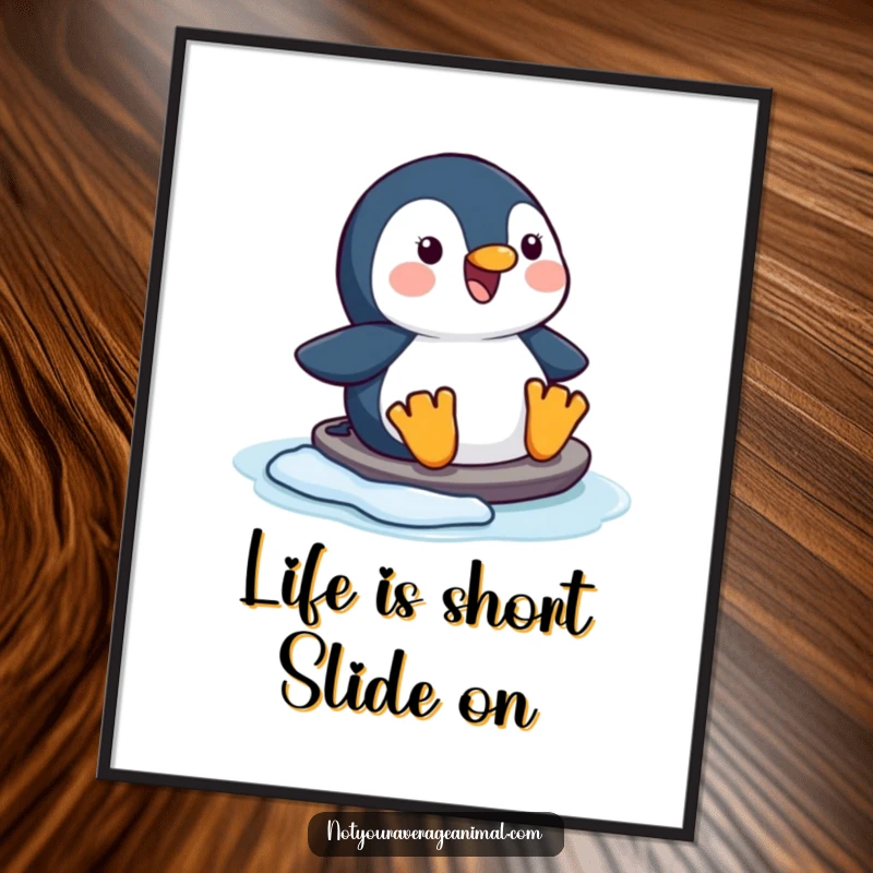 Funny Free Printable Wall Art of a happy penguin character doing a joyful slide on ice, adding a cool vibe.