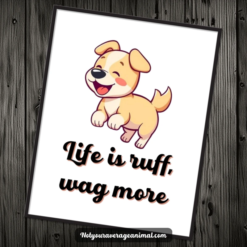Funny Free Printable Wall Art: A playful dog character wagging its tail vigorously while barking happily, radiating pure, infectious canine joy.