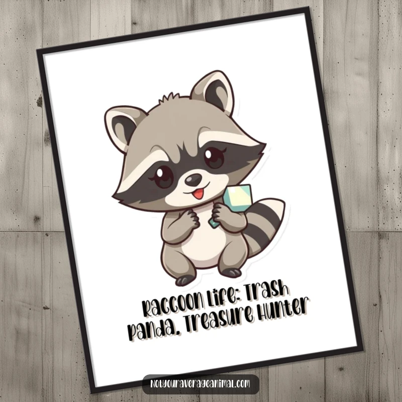 Funny Free Printable Wall Art: A mischievous raccoon character clutching a prized shiny object, adding a playful, sneaky vibe to decor.