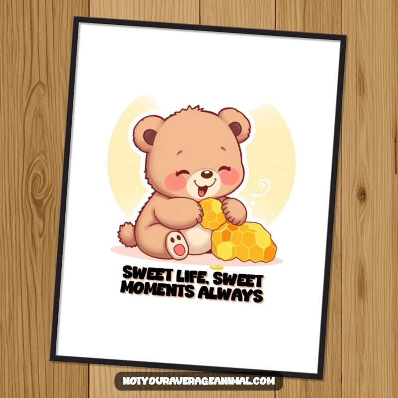 Funny Free Printable bear cub wall art showing a giggling cub playing with a honeycomb, delightful and sweet downloadable decor.