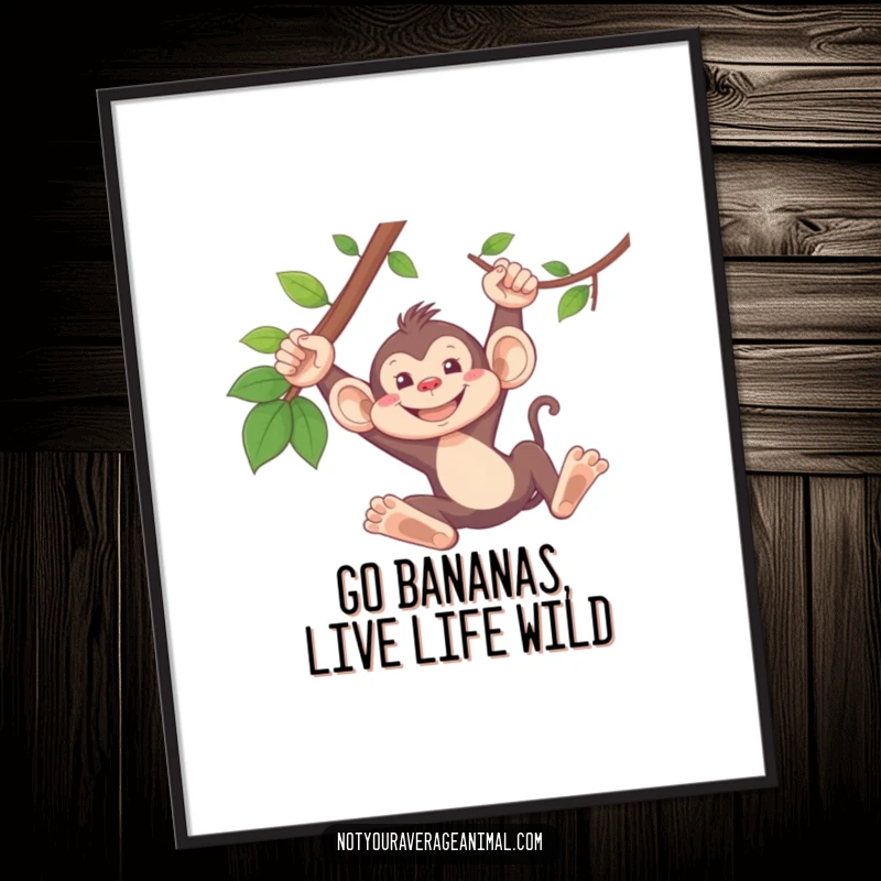 Funny Free Printable monkey wall art depicting a silly monkey swinging from a vine with a big grin, vibrant downloadable decor.