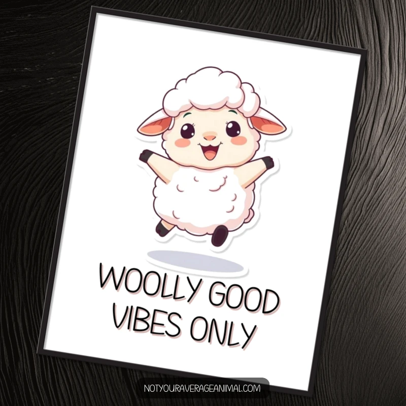 Funny Free Printable Wall Art: A fluffy sheep character playfully bounces with an infectious, woolly grin.