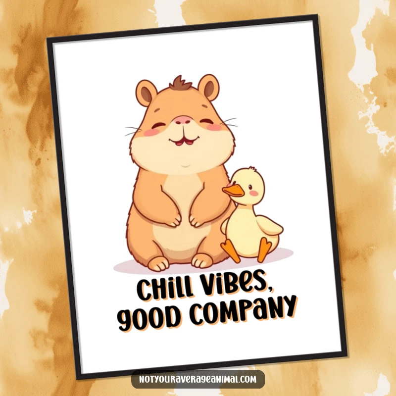 Funny free printable wall art of a giggling capybara sitting peacefully in nature beside a very tiny duck.