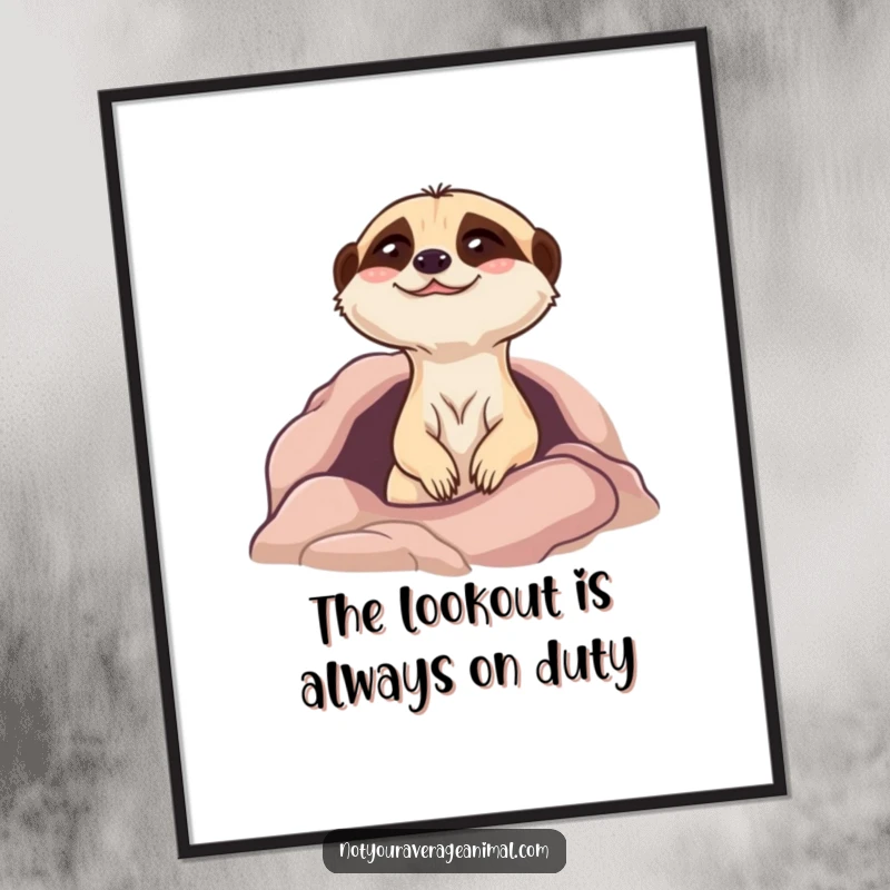 Funny Free Printable Wall Art: A comical meerkat popping its head joyfully out of a burrow, bringing a cheerful vibe.