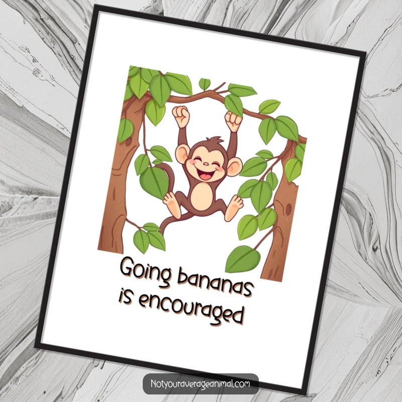 Funny Free Printable Wall Art: A mischievous monkey swings from a vine, giggling heartily, adding jungle charm.
