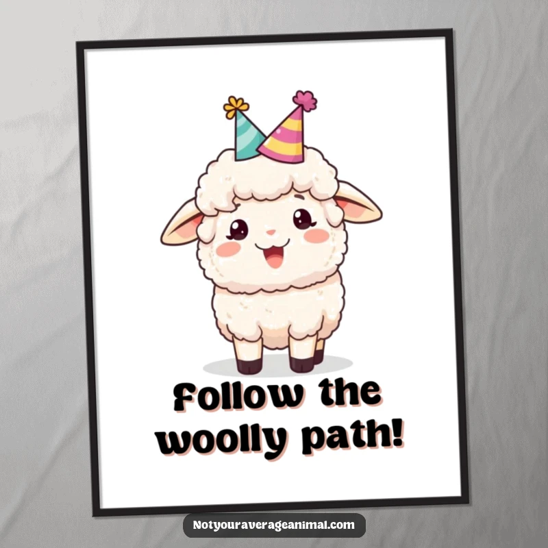 Funny Free Printable Wall Art: A fluffy sheep wears a party hat and bleats cheerfully, creating a scene of pure, unadulterated celebration and fun.