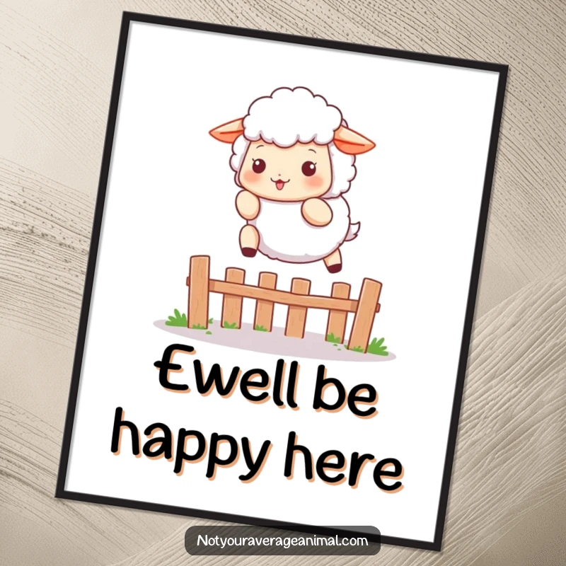 Funny Free Printable Wall Art of a fluffy sheep character playfully leaping over a small fence, embodying joy and freedom.