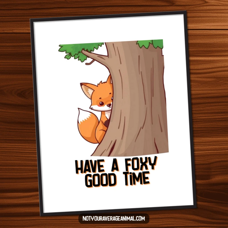 Funny Free Printable Wall Art: A playful fox with a bushy tail peeks from behind a tree, adding a humorous touch to any room.