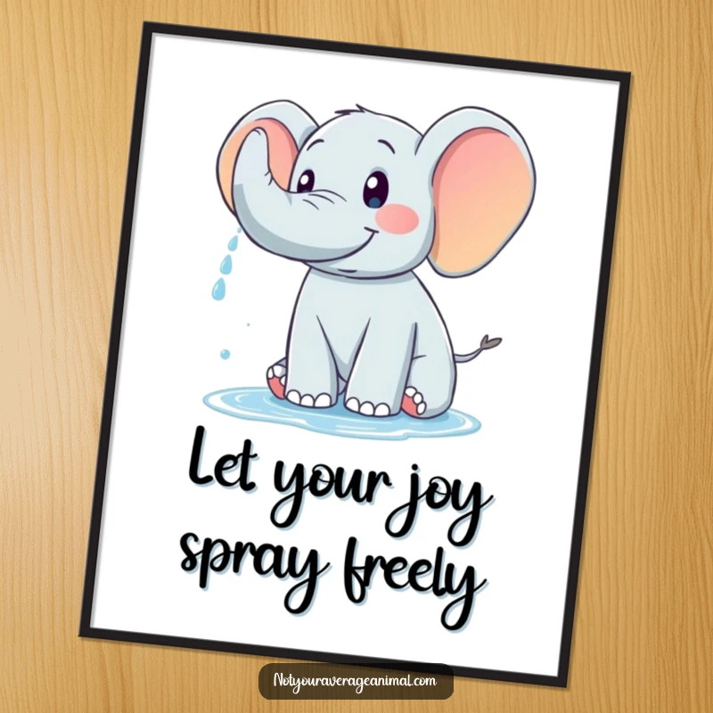 Funny free printable wall art of a friendly elephant with a happy trunk joyfully spraying water, creating a scene of pure delight.