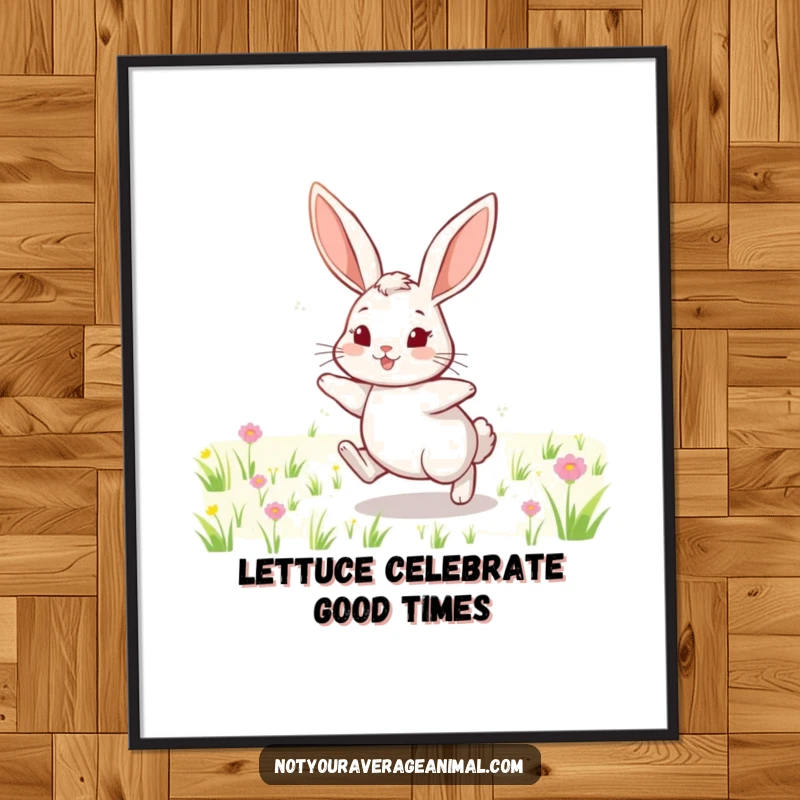 Funny Free Printable Wall Art: A cheerful rabbit with long ears hops gleefully across a vibrant, sunlit meadow.