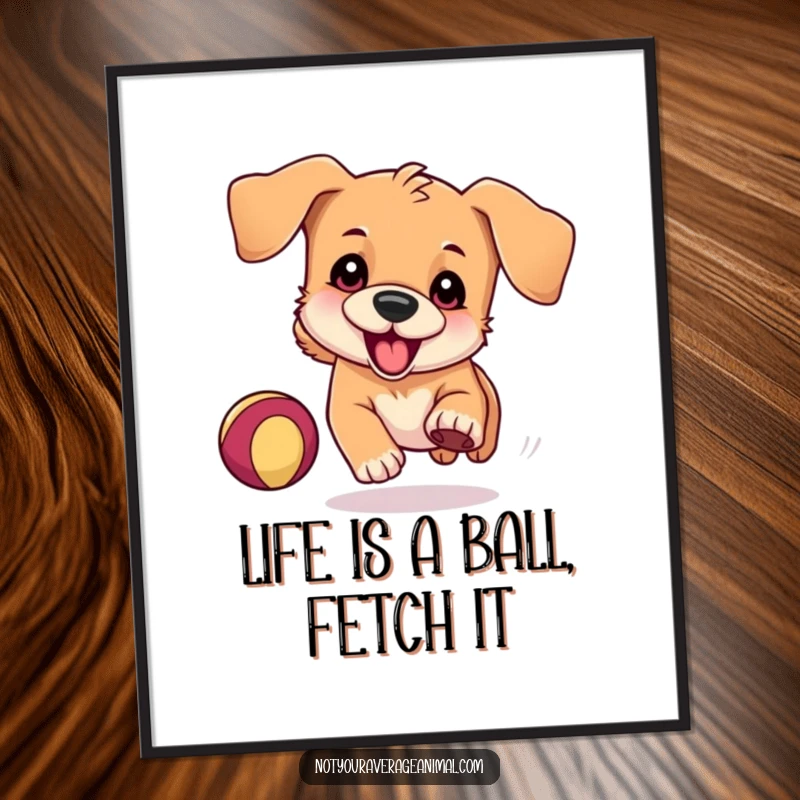Funny Free Printable Wall Art: A playful dog with floppy ears joyfully chasing a bouncing ball, capturing pure excitement.