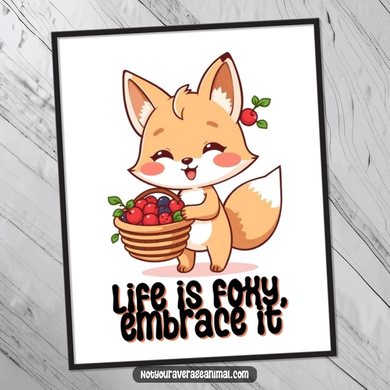 Funny Free Printable Fox Wall Art: A cheerful fox carrying a basket of berries, embodying a wholesome forest scene. Downloadable art.