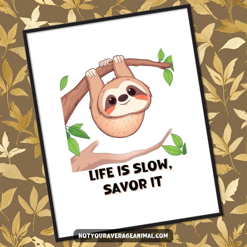 Funny free printable wall art of a happy sloth hanging upside down from a branch, with a gentle smile.