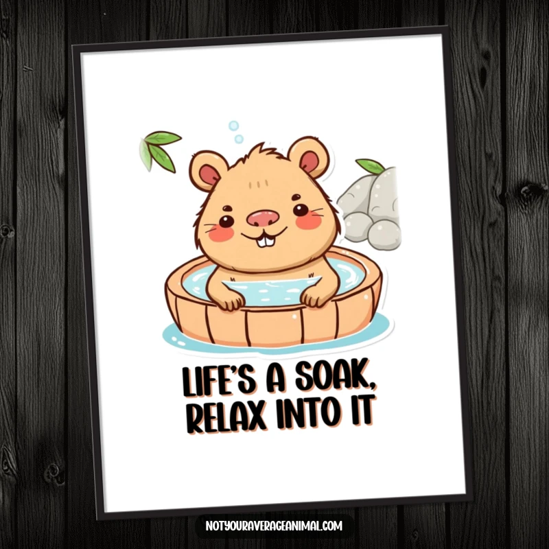 Funny Free Printable Capybara Wall Art: A playful capybara smiling peacefully while soaking in a hot spring. Downloadable art.