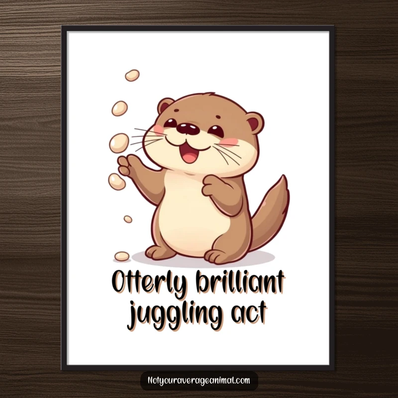 Funny Free Printable Wall Art featuring a curious otter with a look of delight, juggling shiny pebbles expertly.