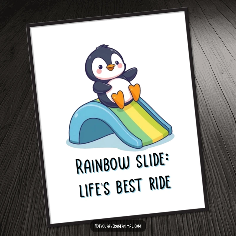 Funny Free Printable Wall Art featuring a joyous penguin making a splash sliding down a vivid rainbow.