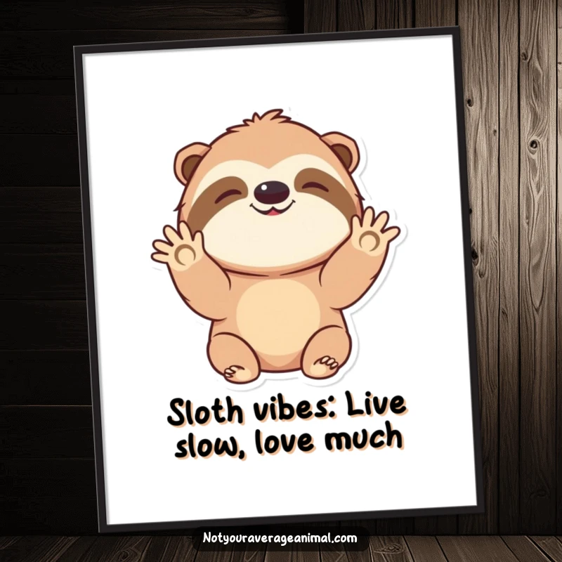 Funny Free Printable Wall Art: A joyful sloth character depicted slowly and warmly waving hello, adding whimsy to your decor.