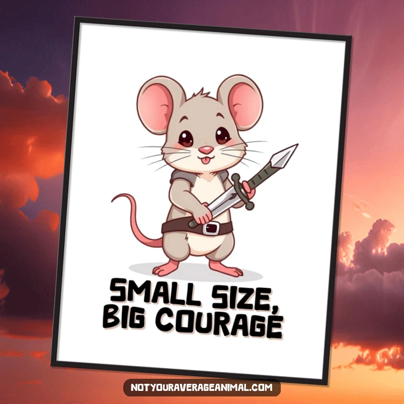 Funny free printable wall art: A determined little mouse stands proudly, brandishing a comically tiny sword!