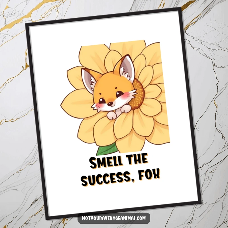 Charming free printable wall art depicting a curious fox peeking from behind an oversized, vibrant flower.