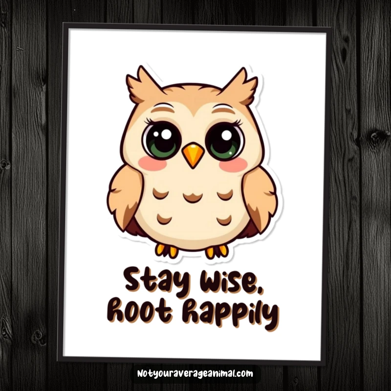 Funny free printable wall art of a smiling owl with large, curious eyes, hooting contentedly, adding a wise and charming touch.