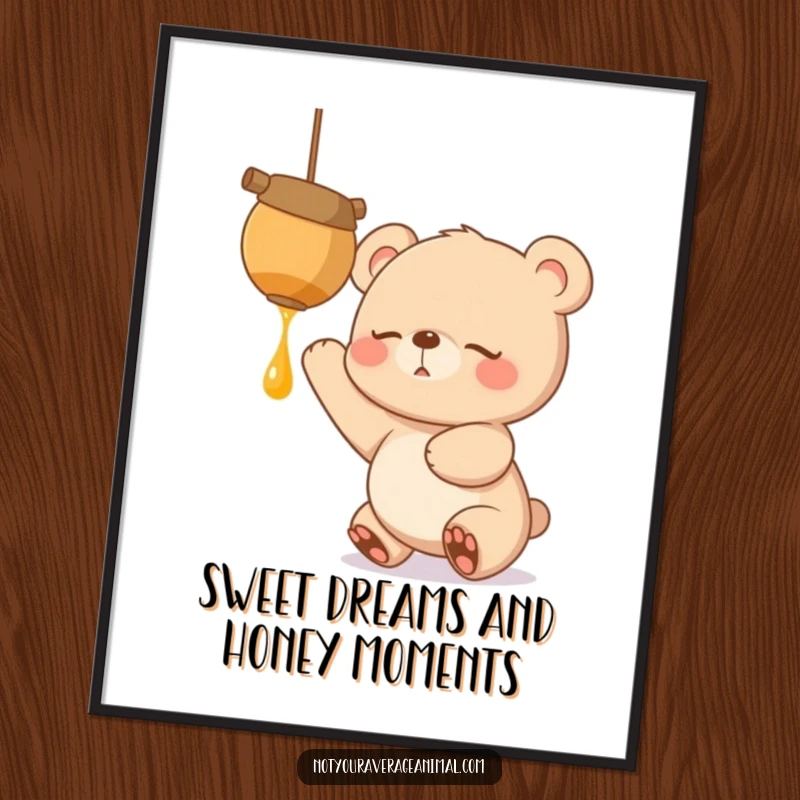 Funny Free Printable wall art showing a sleepy bear cub with adorable eagerness reaching out for a suspended pot of golden honey.