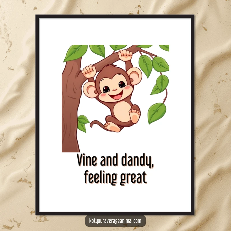Funny free printable wall art: A joyful monkey with a huge grin swings dynamically from a jungle vine.
