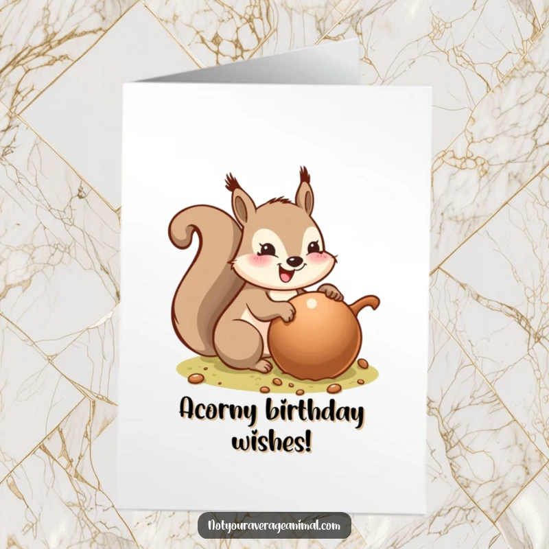 Funny Free Printable Birthday Card featuring a smiling squirrel gleefully burying a giant acorn, ready for a celebration.